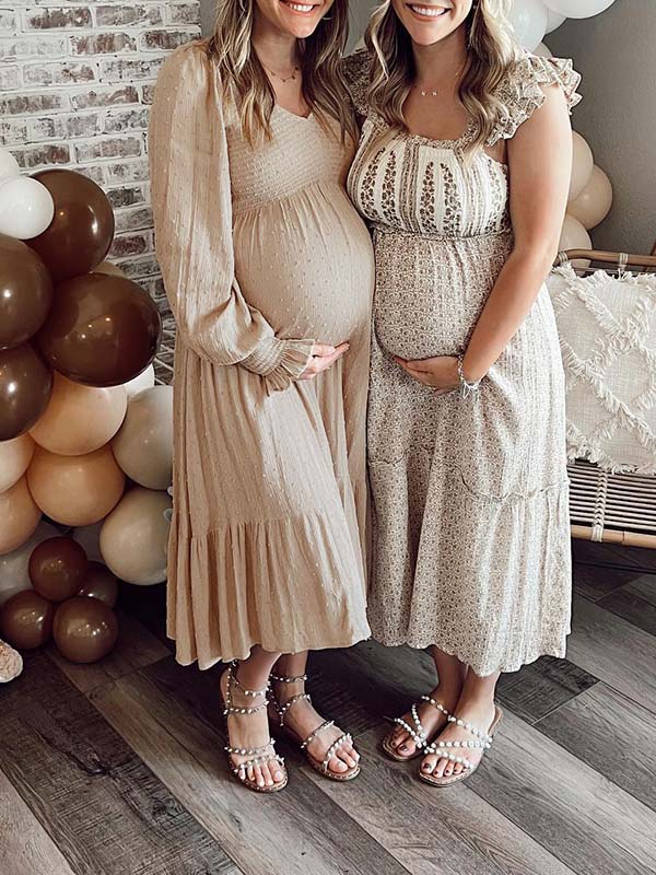 fotobeyou Apricot Smocked Flouncy V neck Daily Going out Baby Shower Maternity Photoshoot Midi Dress