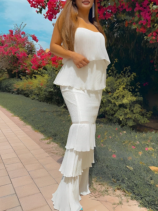 fotobeyou Off Shoulder Bandeau Ruffle Falbala Bodycon Baby Shower Cute Maternity Maxi Dress
