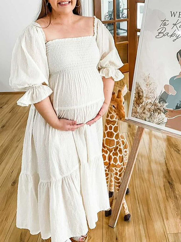 fotobeyou White Off Shoulder Ruffle Shirred Boat Neck Puff Sleeve Bow Bohemian Ivory Maternity Photoshoot Dress