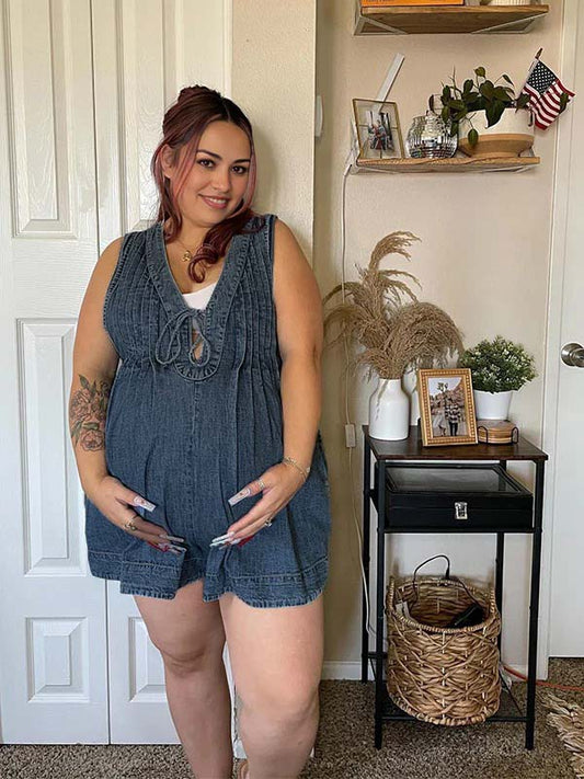 fotobeyou Dark Blue Bow Pockets Draped Denim Daily Going Out Maternity Jumpsuit