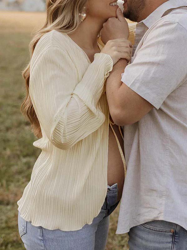 fotobeyou Beige lace-up Flare Sleeve Modern Fashion Maternity Photoshoot Blouse
