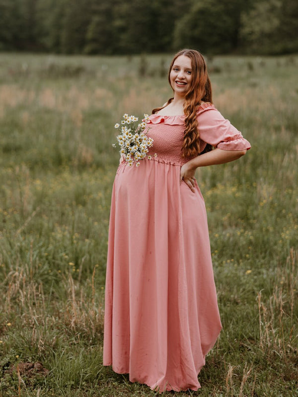 fotobeyou Pink Boho Flowy Bump Friendly Off Shoulder Photoshoots Maxi Dress