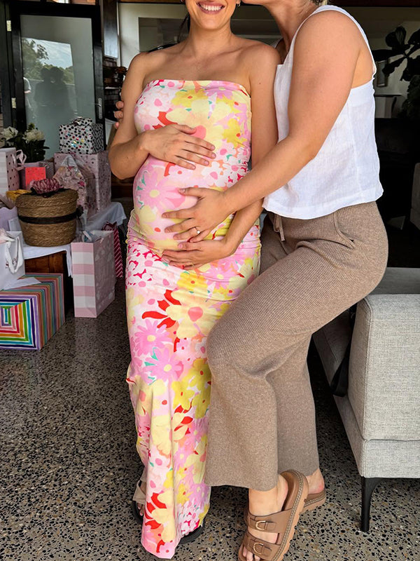 fotobeyou Stamp Duty Bodycon Vacation Beach Baby Shower Maternity Photoshoot Maxi Dress