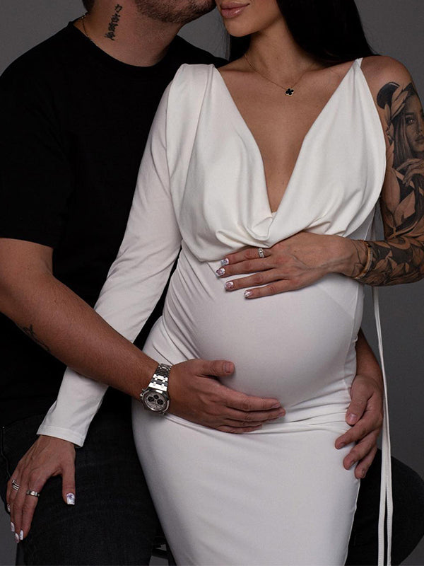 fotobeyou One Sleeve Backless Tie V-neck Bodycon Elegant Evening Photoshoot Gown Baby Shower Maternity Maxi Dress