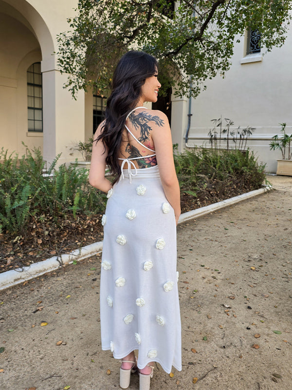 White Spaghetti Strap Backless 3D Flowers Maternity Maxi Dress