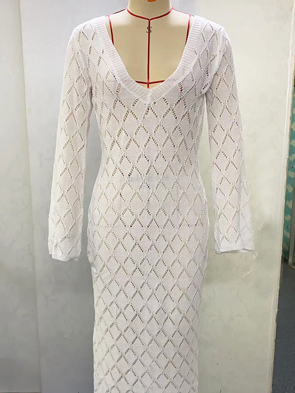 fotobeyou White Knitting Backless Tie Back Deep V-neck Photoshoot Maternity Maxi Dress