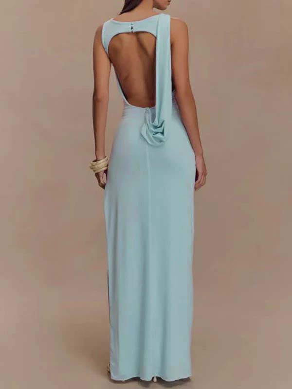 Blue Ruched Backless Side Slit Maternity Baby Shower Maxi Dress