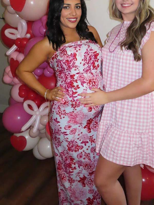 fotobeyou Red Strap Stamp Open Back Side Slit Banquet Baby Shower Maternity Photoshoot Maxi Dress