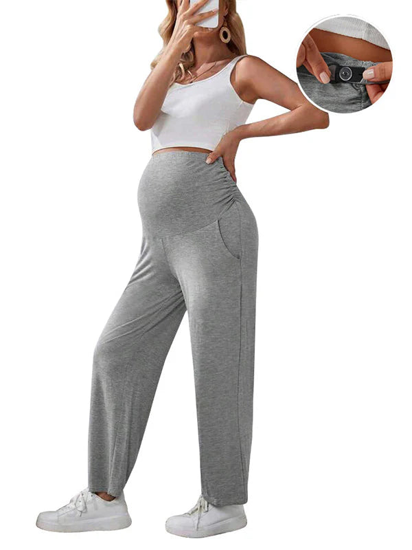 fotobeyou Solid Color Pockets Over The Belly Comfy Loose Wide Leg Cozy Casual Daily Trousers Maternity Yoga Workout Pants
