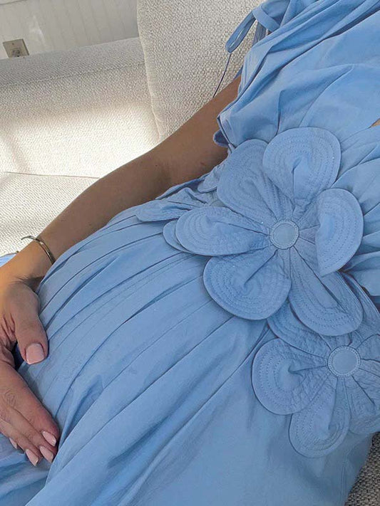 fotobeyou Blue 3D Flowers Fleated Drawstring Big Swing Deep V-neck Elegant Holiday Vacation Maternity Photoshoot Baby Shower Maxi Dress