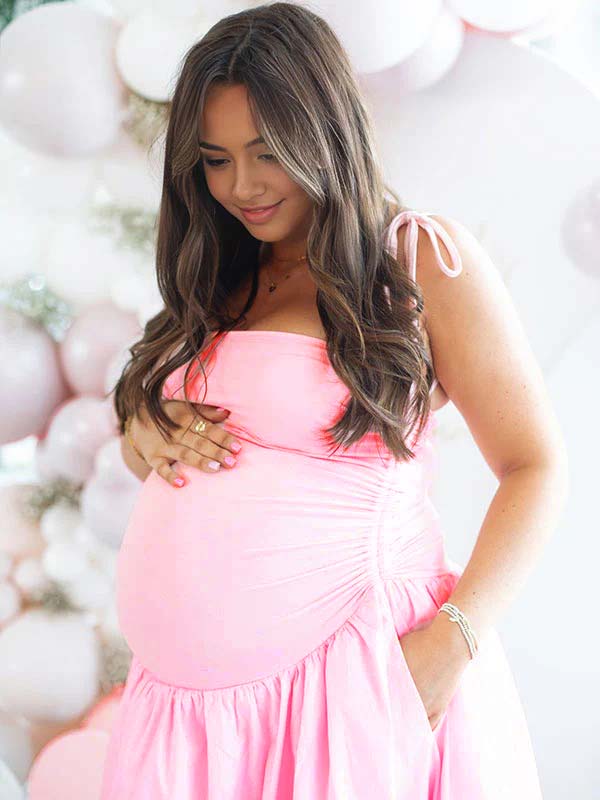 fotobeyou Solid Color Ruched Knotted Adjustable Strap Pockets Big Swing Drop-Waist Puffball Elegant Cocktail Party Gown Maternity Photoshoot Baby Shower Maxi Dress