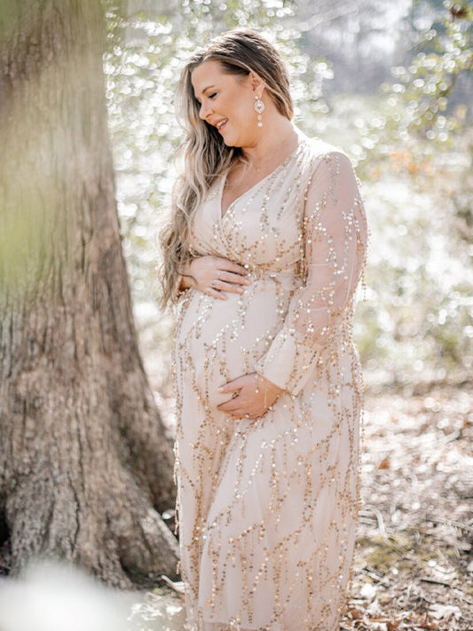 fotobeyou Apricot Sequin Tassel Tulle Ruched Cross Chest Multi Way Tie Back V-neck Elegant Boho Photoshoot Maternity Maxi Dress