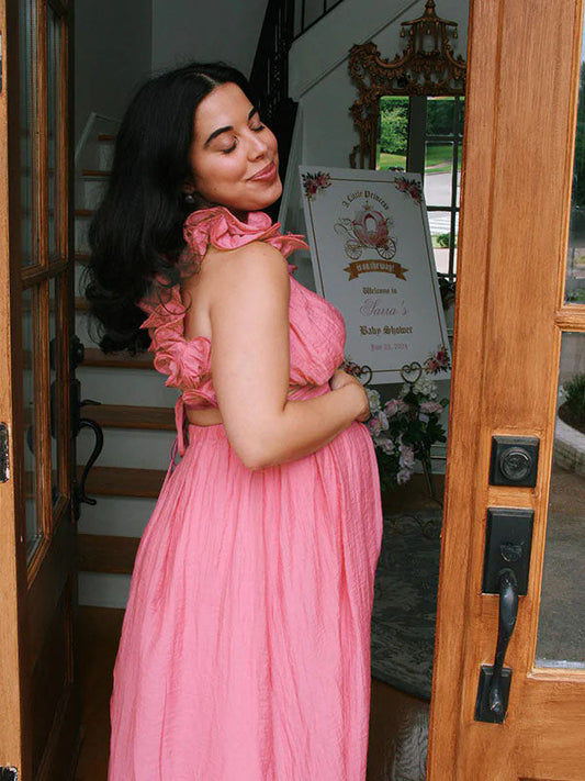 fotobeyou Pink Tulle Splicing Ruffle Pleated Tie Back V-Neck High Waist Cocktail Party Gowns Cute Baby Shower Maternity Maxi Dress
