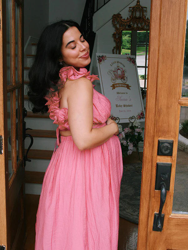 fotobeyou Pink Tulle Splicing Ruffle Pleated Tie Back V-Neck High Waist Cocktail Party Gowns Cute Baby Shower Maternity Maxi Dress