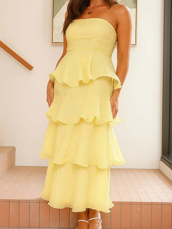 Bandeau Ruffle Tiered A-line Sweet Maternity Baby Shower Maxi Dress