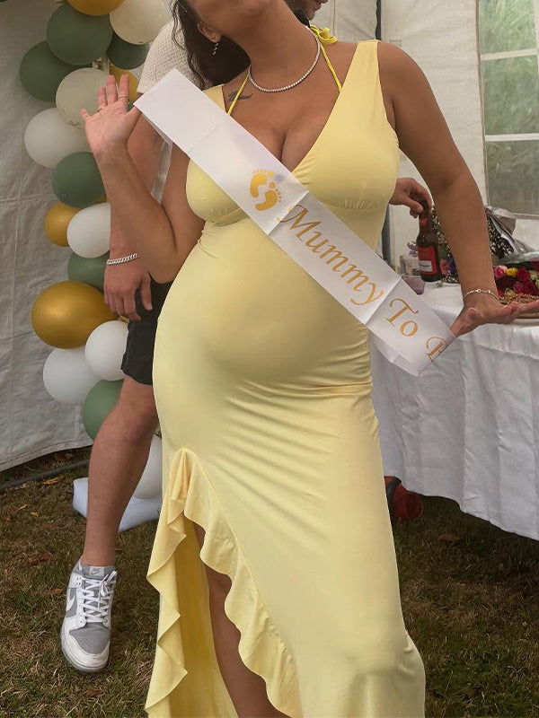 fotobeyou Yellow Ruffle Side Slit Flowy V-neck Bodycon Cute Baby Shower Maternity Maxi Dress