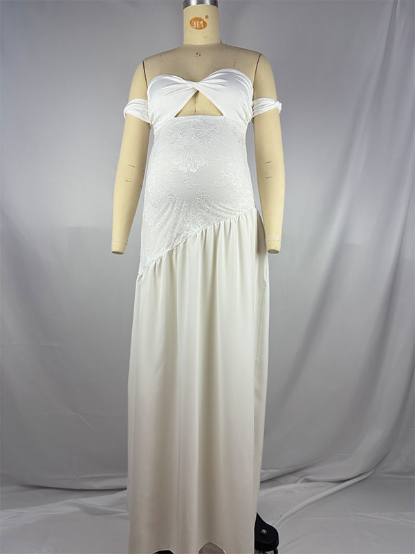 fotobeyou White Off Shoulder Cut Out Big Swing Maternity Maxi Dress