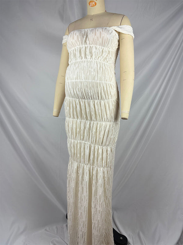 fotobeyou Off Shoulder Smocked Ruched Hollow Out Sheer Photoshoot Maternity Maxi Dress