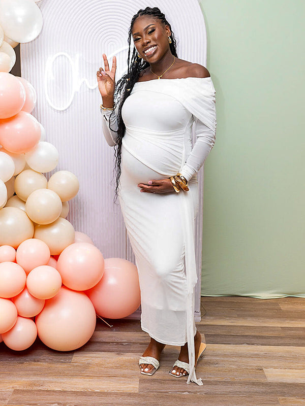 fotobeyou White Mesh Irregular Ruched Draped Off Shoulder Bodycon Elegant Cocktail Party Gown Maternity Photoshoot Baby Shower Maxi Dress