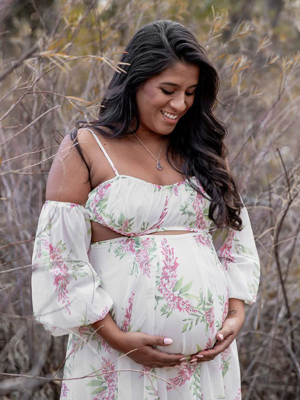 fotobeyou White Floral Cut Out Off Shoulder Backless Cami Big Swing Elegant Vacation Maternity Hobo Photoshoot Baby Shower Maxi Dress