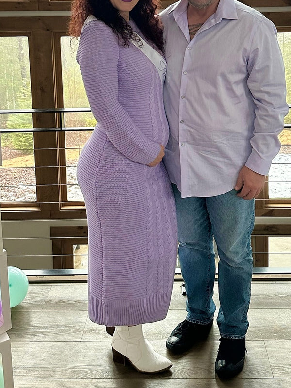 Fotobeyou Purple Round Neck Crochet Maternity Baby Shower Sweater Maxi Dress