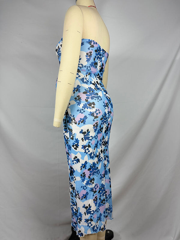 fotobeyou Blue Sleeveless Bandeau Flowers Bodycon Elegant Maternity Baby Shower Party Midi Dress