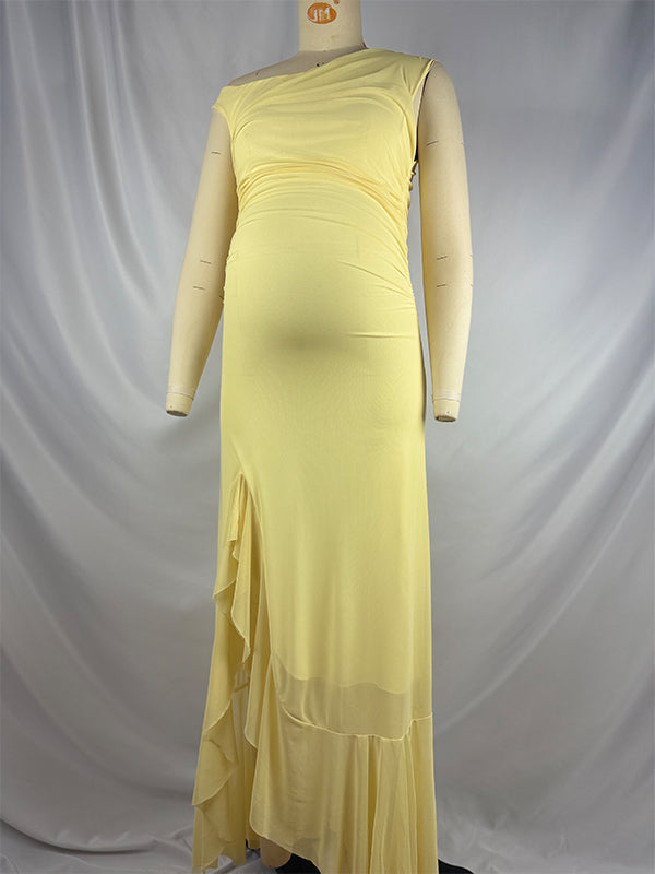 fotobeyou Yellow Mesh Ruffle One Shoulder Side Slit Maternity Maxi Dress