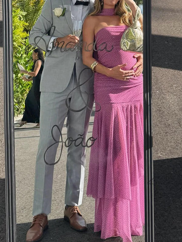 fotobeyou Pink Polka Dot Ruched Ruffle Bandeau Scarf Maternity Maxi Dress