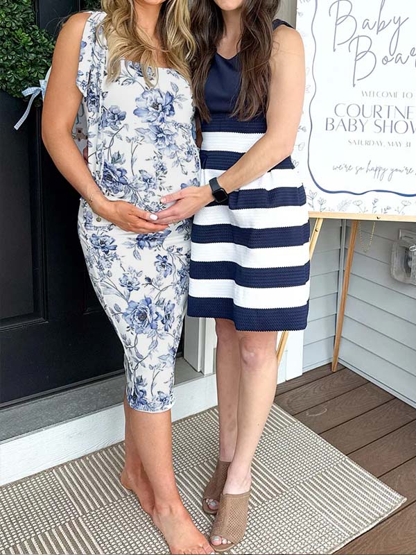 Blue Floral Ruched Tie Shoulder Maternity Baby Shower Midi Dress