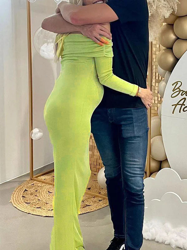 fotobeyou Green Ruched Off Shoulder Bodycon Elegant Cocktail Party Gown Maternity Photoshoot Baby Shower Maxi Dress