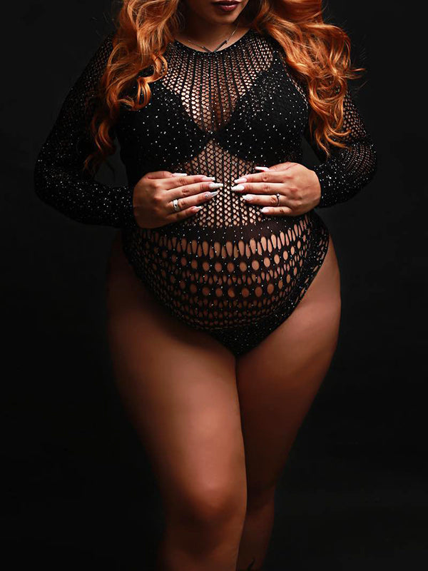 fotobeyou Black Rhinestone Fishnet Knitting Sheer Cut Out Photoshoot Short Jumpsuit Maternity Bodysuit