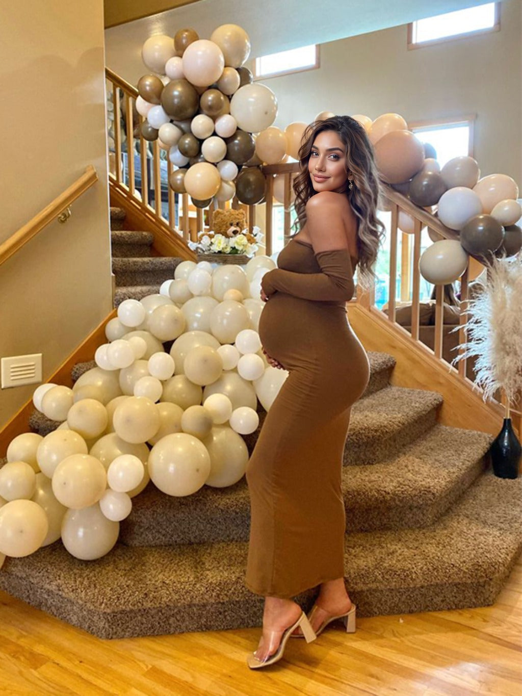fotobeyou Brown Off Shoulder Long Sleeve Bodycon Elegant Going Out Maternity Photoshoot Baby Shower Party Maxi Dress