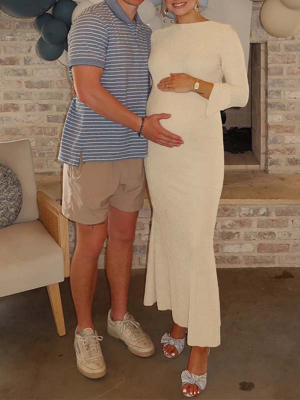 fotobeyou Pleated Flare Sleeve Mermaid Baby Shower Maternity Maxi Dress