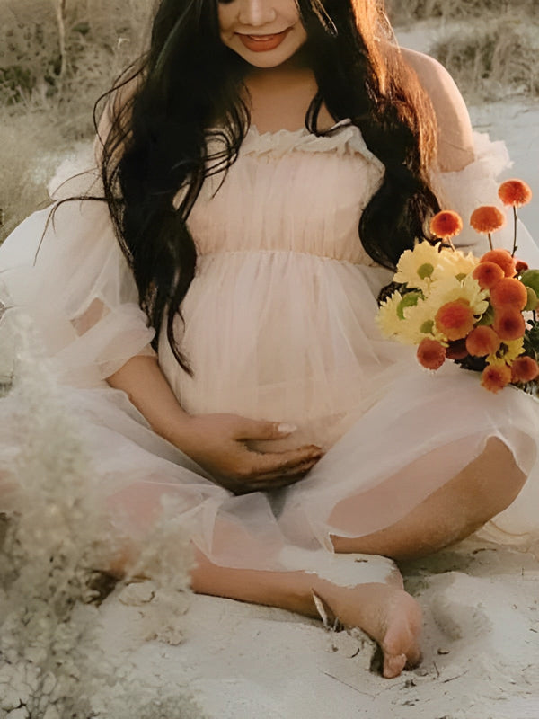 fotobeyou Apricot Cascading Ruffle Off Shoulder Tulle Pricess Mesh Cottagecore Cream Baby Shower Photoshoot Pregnant Maternity Mini Dress