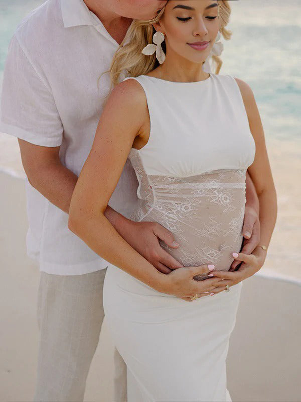 White Splicing Lace Backless Bodycon Maternity Photoshoot Maxi Dress