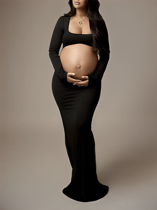 fotobeyou Black Cut Out Mermaid Crop Long Sleeve Backless Bodycon Cocktail Club Party Photoshoot Maternity Maxi Dress