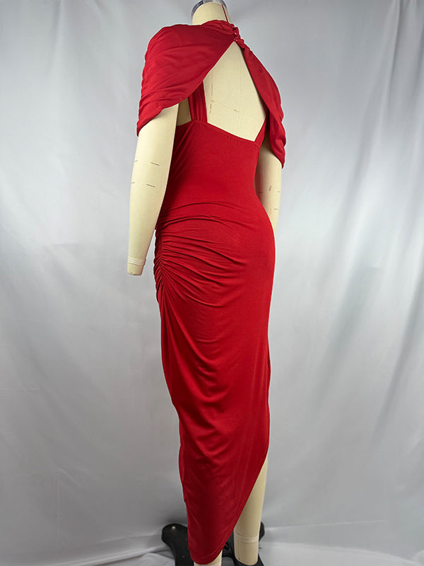 Irregular Ruched Side Slit Cape Sleeve ELegant Maternity Maxi Dress