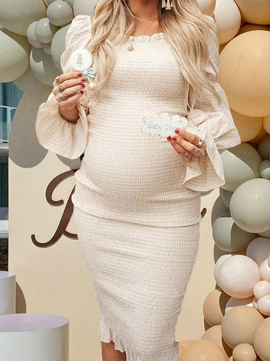 fotobeyou Ruffle Off Shoulder Long Sleeve Bodycon Baby Shower Maternity Midi Dress