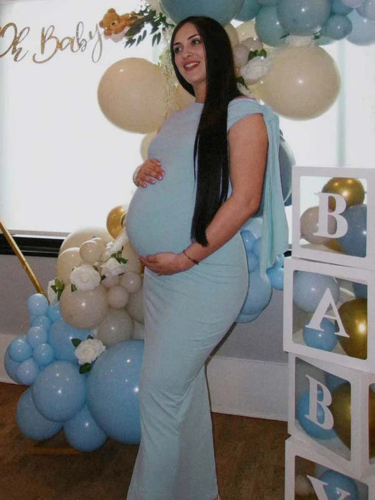 Blue Bowknot One Shoulder Elegant Maternity Baby Shower Maxi Dress