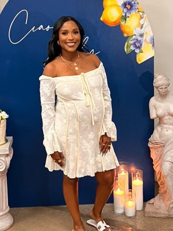 fotobeyou White Lace Off Shoulder Bow Drawstring Ruffle Flare Sleeve Elegant Baby Shower Maternity Mini Dress