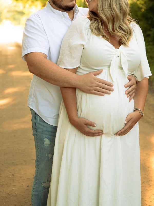 fotobeyou Bow Flutter Sleeve Solid V-neck Flowy Vacation Beach Cute Baby Shower Photoshoot Maternity Maxi Dress