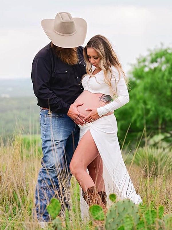 fotobeyou White 2 Pieces Ruched Drawstring Knot Side Slit Backless V-neck Baby Shower Photoshoot Maternity Maxi Dress