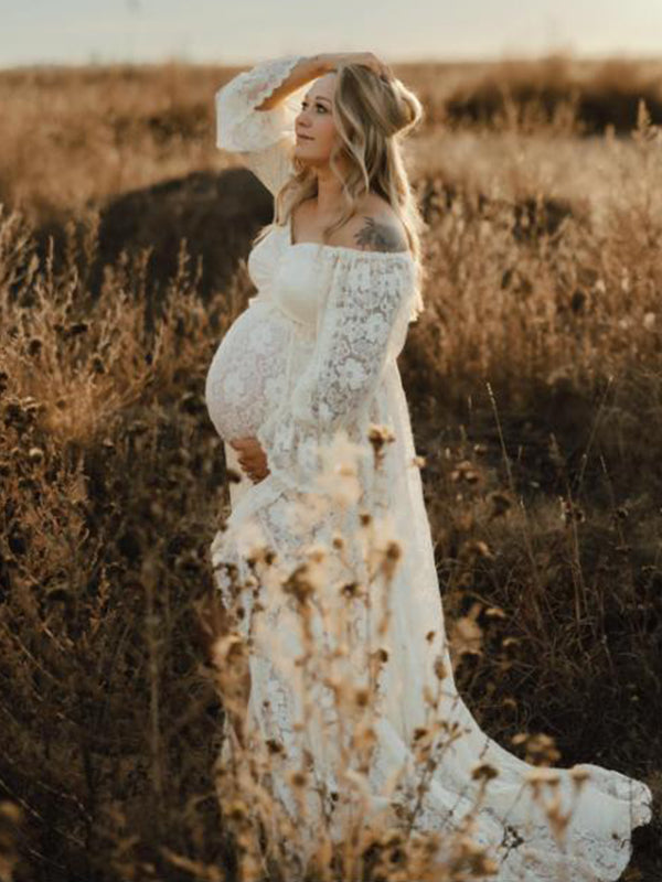 fotobeyou Boho Lace Off Shoulder Lace Tassel Crop 2-in-1 Side Slit Ruffle Photoshoot Maternity Maxi Dress