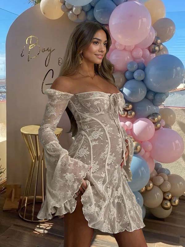fotobeyou White Lace Off Shoulder Bow Drawstring Ruffle Flare Sleeve Elegant Gender Reveal Maternity Mini Dress
