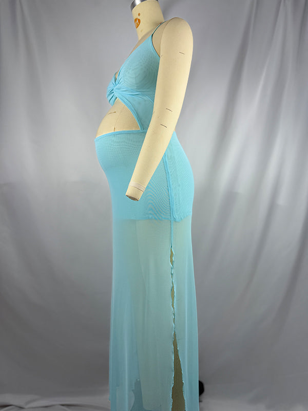 Blue Mesh Cut Out Crop Side Slit Cami Sheer Maternity Maxi Dress
