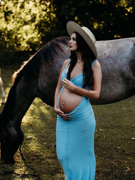 fotobeyou Blue Ruffle Falbala Bow Cut Out Sleeveless Cami Bodycon Maternity Maxi Dress