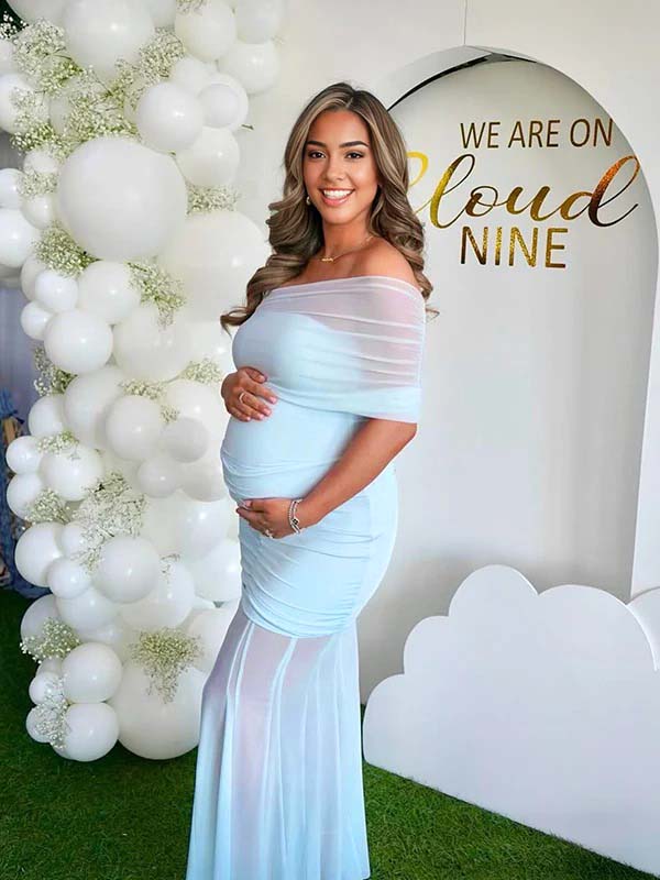 fotobeyou Light Blue Mesh Off Shoulder Ruched Mermaid Elegant Maternity Baby Shower Maxi Dress