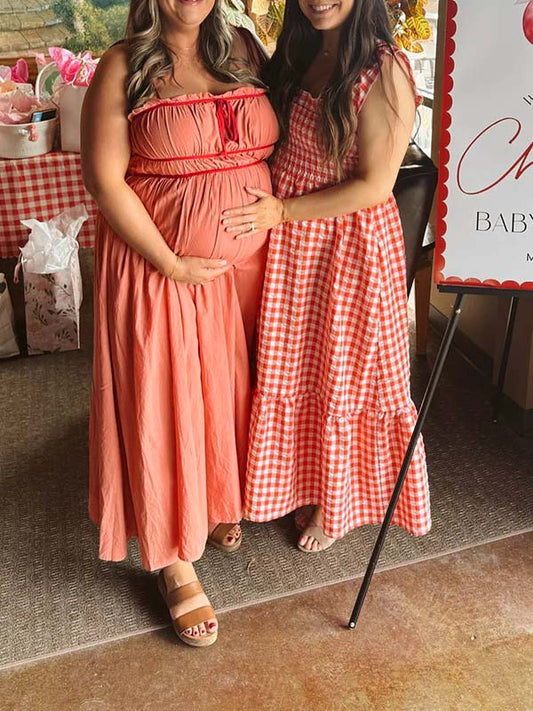 fotobeyou Red Lace-up Spaghetti Strap Ruched Daily Going out Baby Shower Maternity Photoshoot Maxi Dress