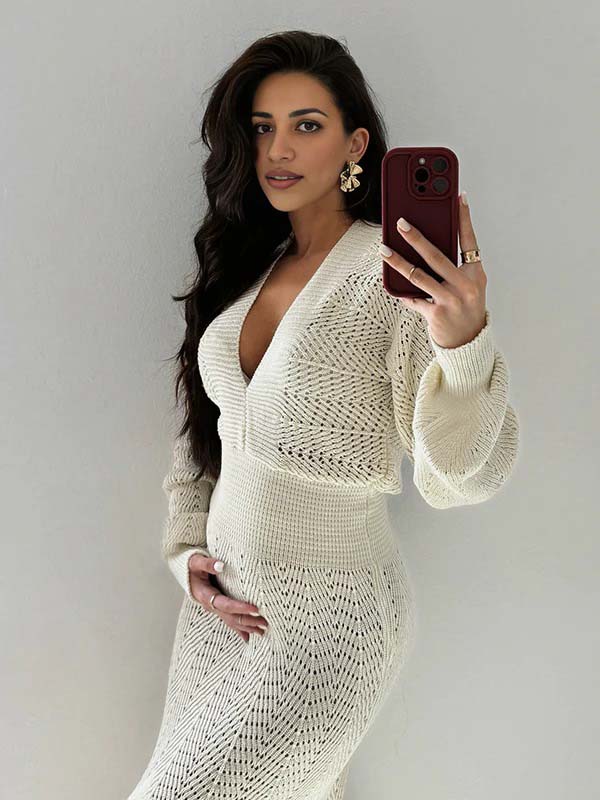 fotobeyou White Crochet Knit Hollow Out Deep V-neck Lantern Sleeve Bodycon Elegant Going Out Maternity Sweater Maxi Dress
