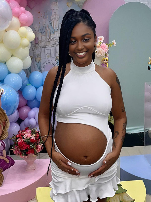 Fotobeyou White Halter Neck Backless Crop Maternity Baby Shower Mini Dress